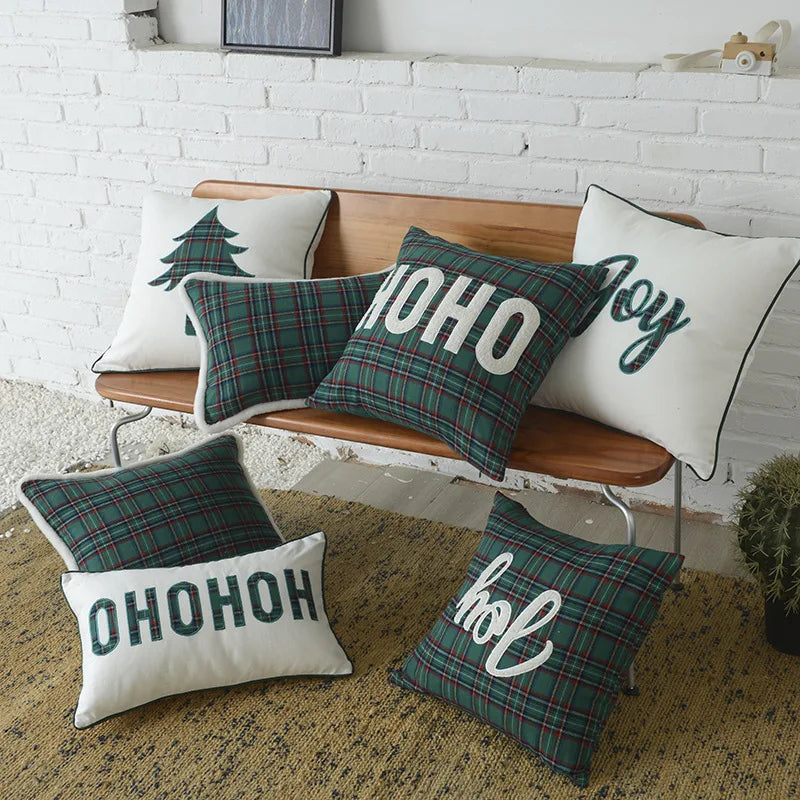 Amity Polyester Cotton Canvas Christmas Green Plaid Embroidered Cushion Cover Custom Pillows Cushions Cover for Sofa