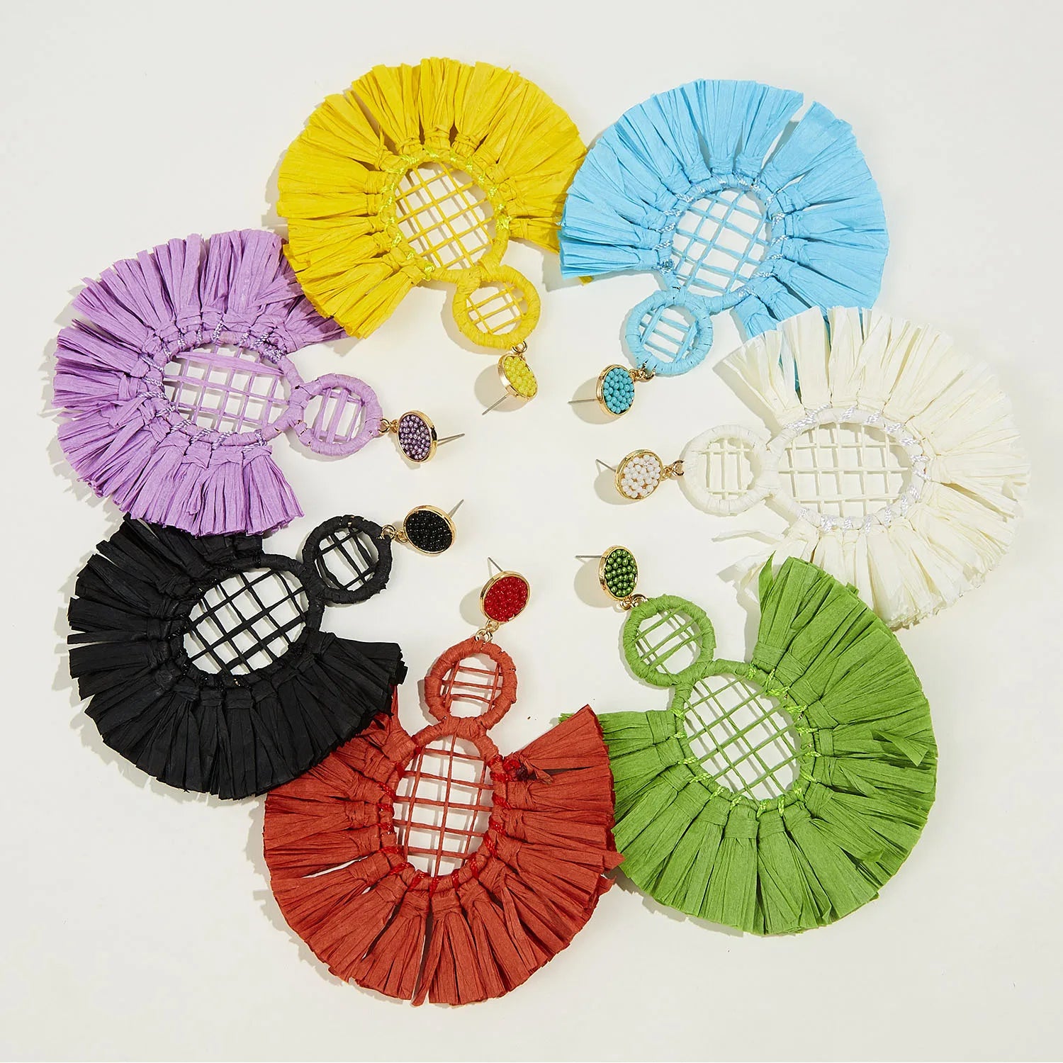 Summer Bohemian Handmade Pineapple Shaped Raffia Tassel Dangling Earrings Oversized Raffia Fan Statement Earrings