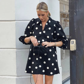 Casual Turn Down Collar Puff Half Sleeve a Line Women Shirt Dress Black and White Polka Dots Printed Ladies Short Dresses