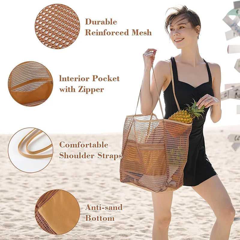 Foldable Women's Beach Mesh Tote Bag Fashion Lightweight Handbags Large Capacity Mesh Shoulder Bag