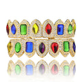 Hip Hop Natural Colorful Gemstones and CZ  Vampire Teeth Grillz Iced Out Micro Pave Cubic Zirconia Gold Teeth Grillz for Men