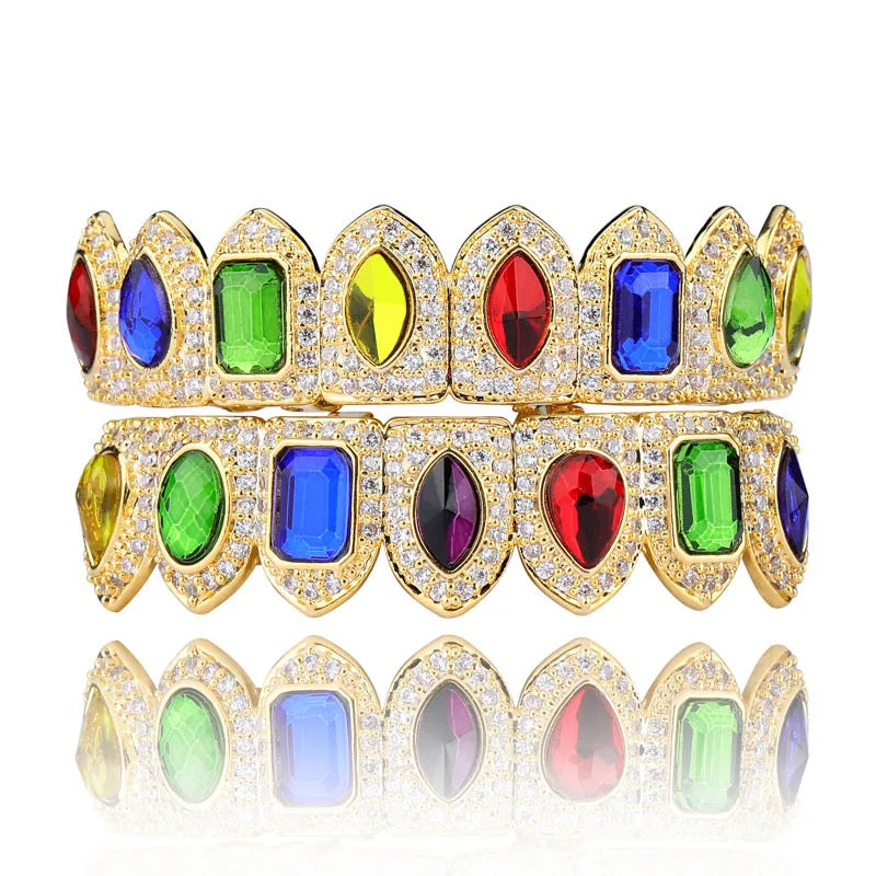 Hip Hop Natural Colorful Gemstones and CZ  Vampire Teeth Grillz Iced Out Micro Pave Cubic Zirconia Gold Teeth Grillz for Men