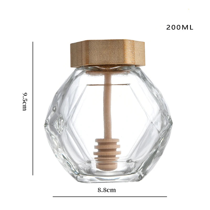 Reihey Luxury 200ML Glass Crystal Diamond Type Bee Honey Pot Empty Clear Glass Honey Jam Jar with Dipper Wood Lid Back to School