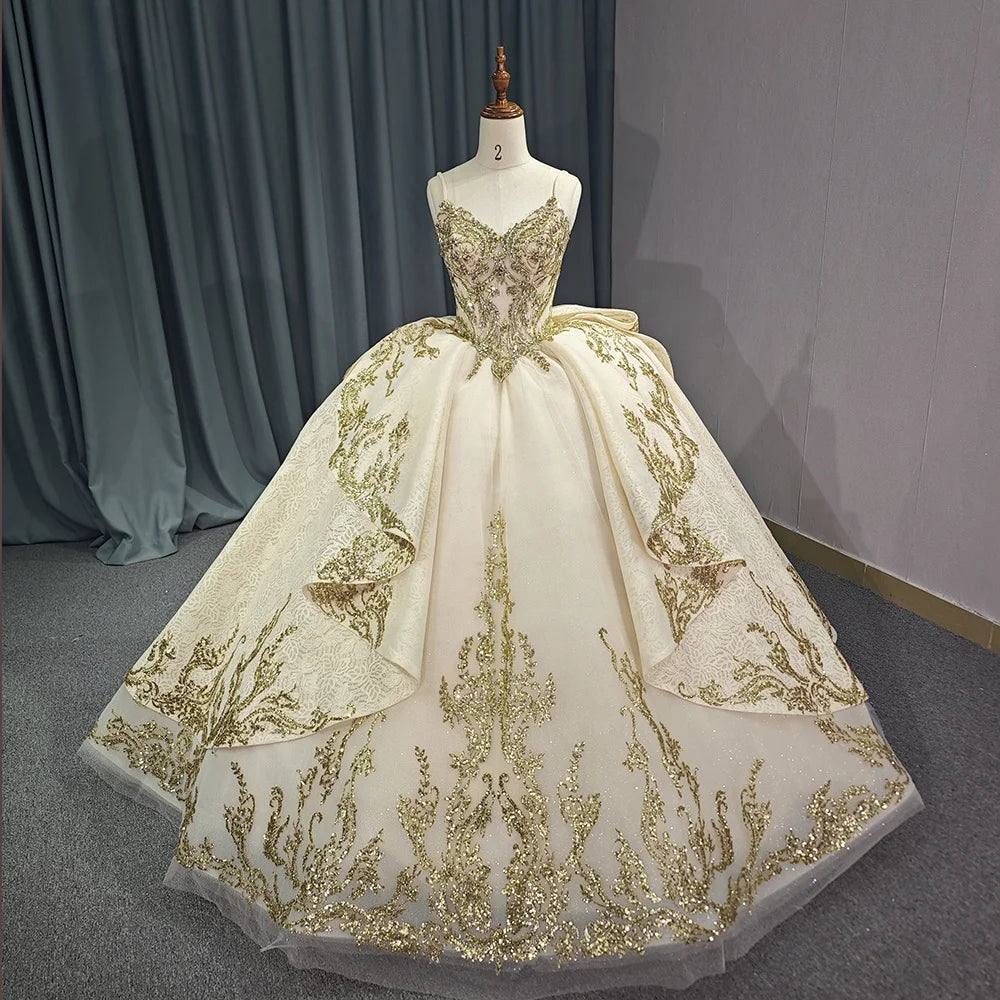 Jancember 1194 Vintage Spaghetti Strap Lace Fabric Quinceanera Dresses Champagne