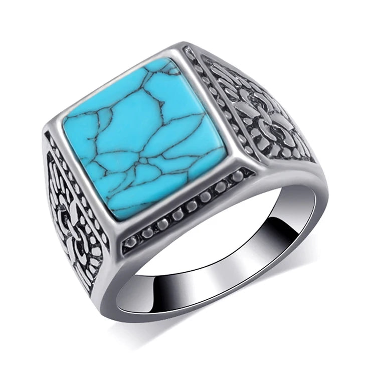 G1871 Vintage Jewelry Geometric Square Blue Turquoise Stone Rings for Men