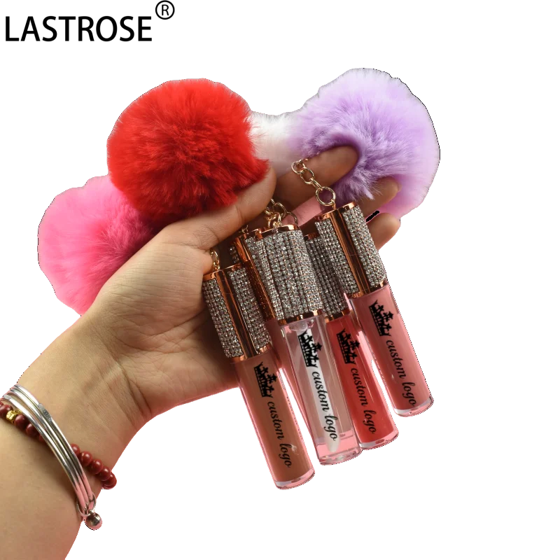 Wholesale Waterproof Lip Gloss Cosmetics Make Your Own Brand Lip Gloss Keychain Pompom Glossy Lip Care