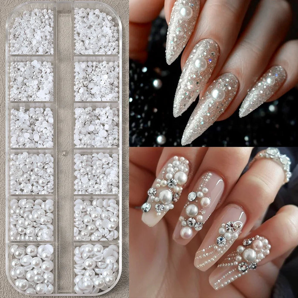 Round/semi-round White Nail Beads Mix Sizes Nail Art Charms Decor Design 3D Jewelry Manicure Accessories