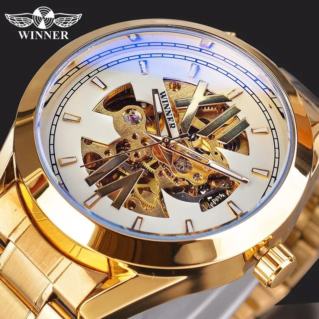 Winner Watch Men Skeleton Blue Automatic Watches Luminous Waterproof Stainless Steel Mechanical Man WristWatch Relogio Masculino