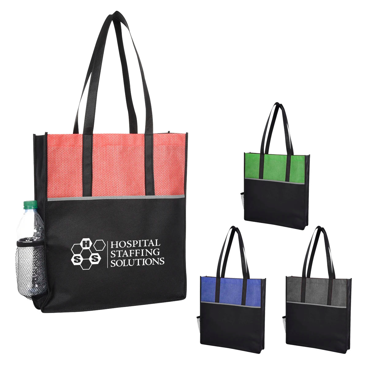 Custom Promotional Non-Woven Fabric Letter Pattern Medium Handled Tote Shopping Bag with Mesh Pocket
