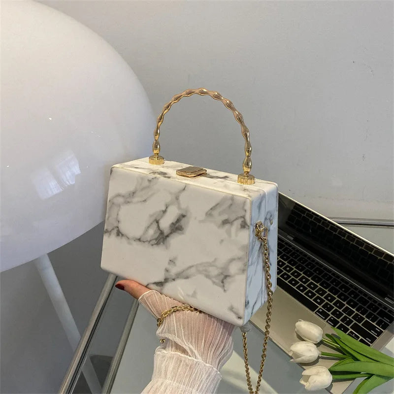 Fashion Marble Print Box Lady Shoulder Crossbody Handbags Acrylic Clutch Purse for Women