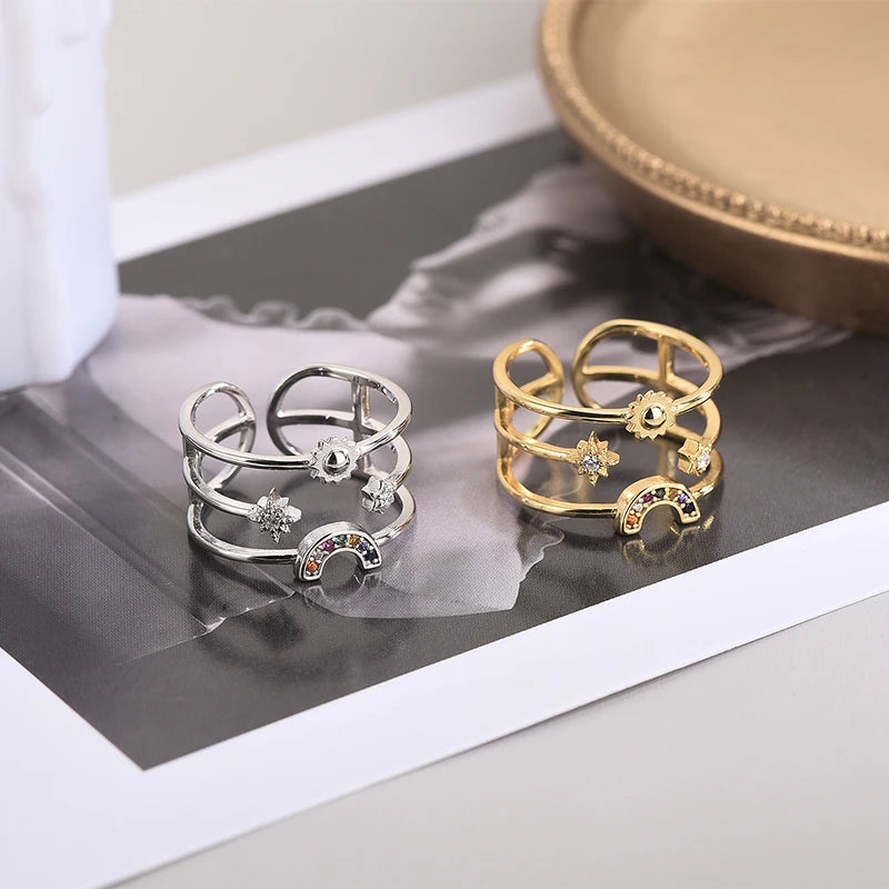 Multi Color Silver 925 Rings Adjustable Rainbow Star Sun Ring