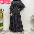 6564# Premium Chiffon Small Floral Dress Muslim Women Long Sleeve Printed Maxi Dresses With Full Lining 5 Colors