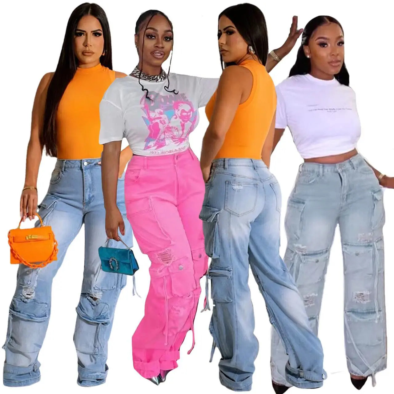 Liu Ming Oem Wholesale Women Fashion Solid Color High Waist Loose Pocket Jeans Pants
