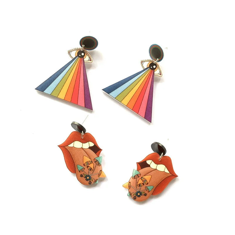 Hyperbole Weird Five Sense Organs Resin Dangle Earrings Big Eyes Rainbow Ray Red Mouth Colorful Mushroom Acrylic Drop Earrings