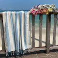 100% Combed Cotton Extra Large Turkish Style Beach Towel Customized Logo Quick Dry Sand Free Striped Tassels Antimicrobial