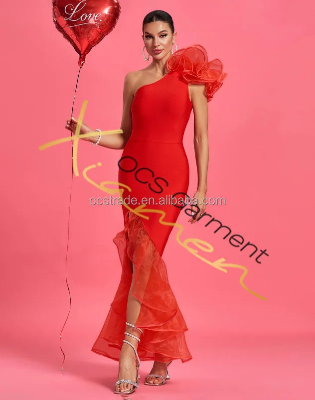 Ocstrade 2025 Spring New Fashion Slash Neck Red Porm Bandage Dress Mesh Ruffle Asymmetrical Slit Evening Cocktail Dresses