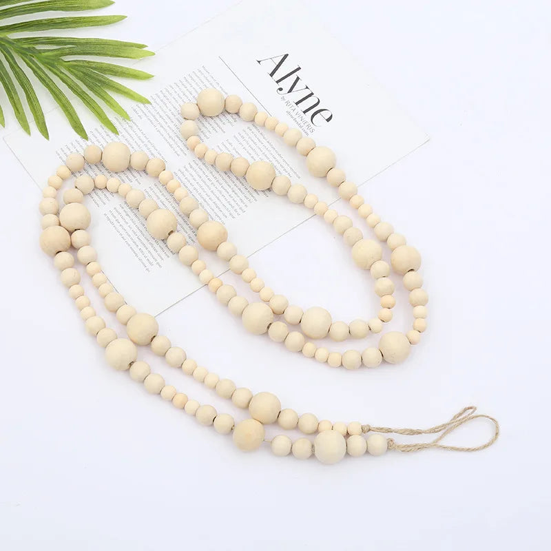 210cmWooden Bead Flower Ring Wooden Bead String with Jute Tassel Natural Prayer Wooden Bead for Wall Vases Door Handle Decorate