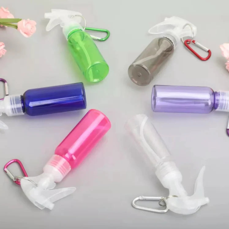 Ins 60ml Travel Keychain Spray Bottle with Transparent Plastic PET Carabiner Hook Pump Sprayer Seal for Liquid Soap