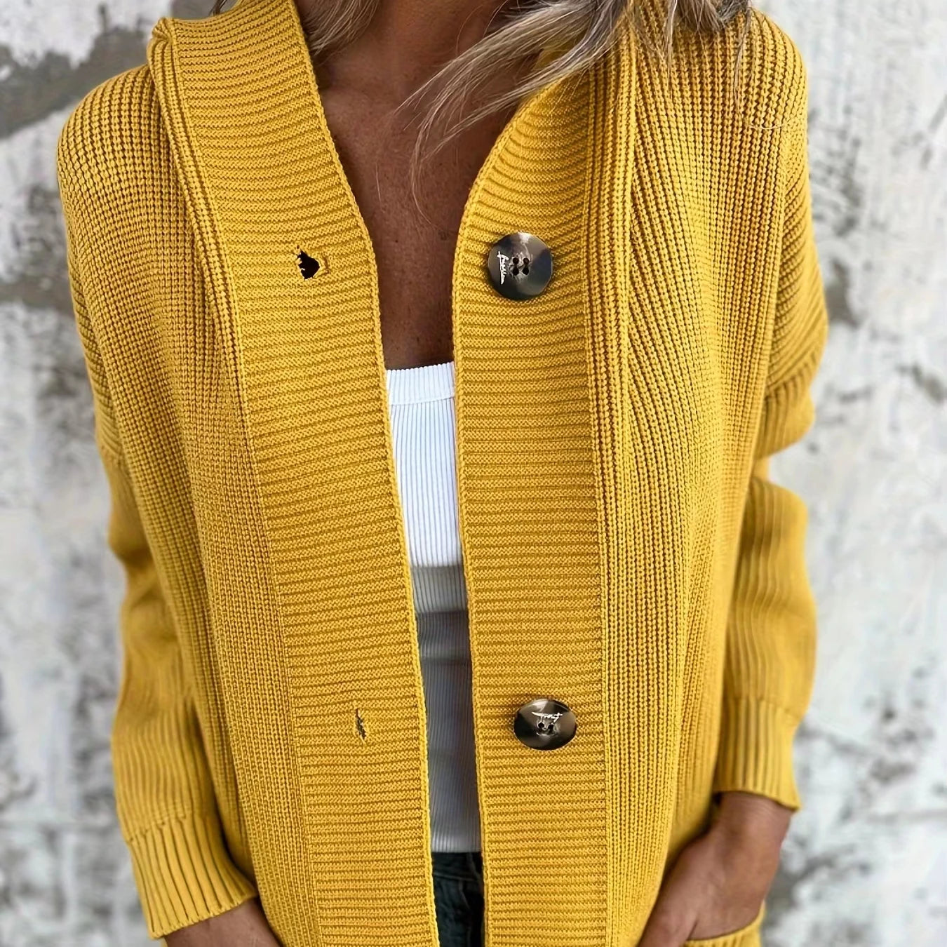 Large Size Mid-length Double Pocket Button Knitted Sweater Coat Hooded Cardigan for Women