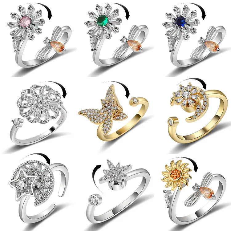 SC Wholesale Fidget Spinner Rings Collection Adjustable Silver Anxiety Rings Rotating Flower Star Butterfly Fidget Rings Women
