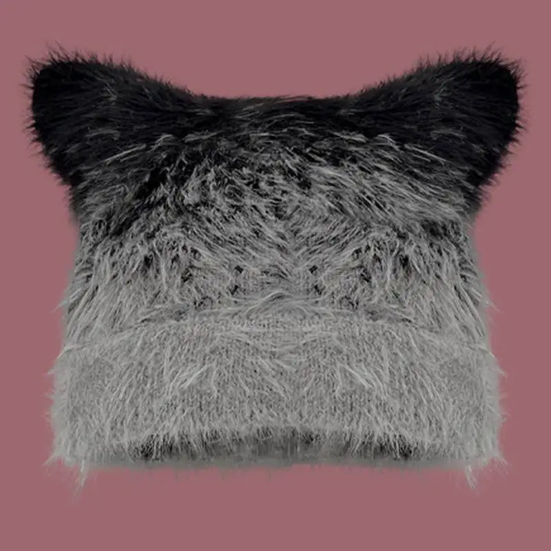 Custom logo Women Crochet Hat Knit Cat Ear Slouchy Beanie Cute Vintage Grunge Fuzzy Mohair Hat