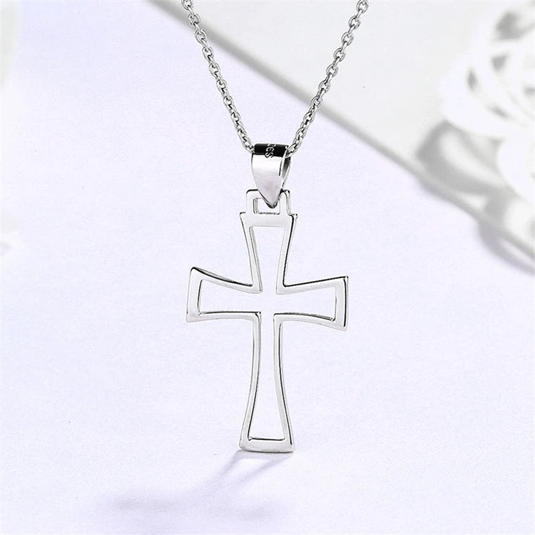 Fashion Hollow Cross Pendant 925 Sterling Silver Classic Christian Cross Pendant Necklace