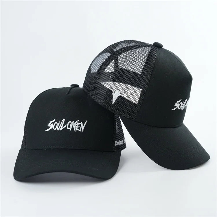 Black Cotton Trucker Hats5 Panel Trucker Hats Embroidery Logo Snap Back Trucker Capmesh logo