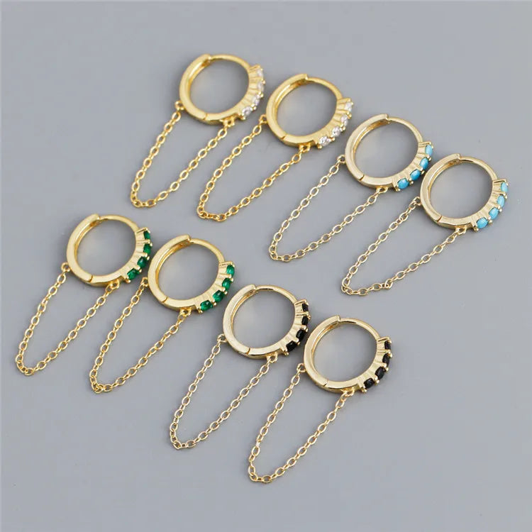 SP Long Tassel Chain Threader Zirconia Hoops Jewelry Gold Plated 925 Sterling Silver Huggie Hoop Chain Earrings