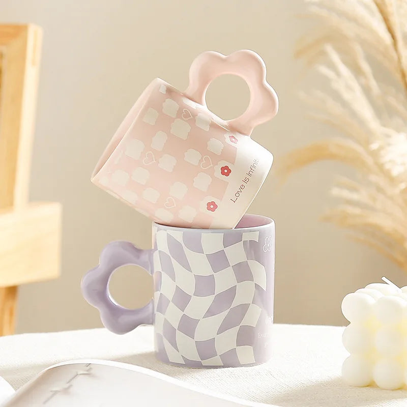 Ins Girl Heart Straw Ceramic Mug with Lid Creative Cute Breakfast Mug with Flower Handle
