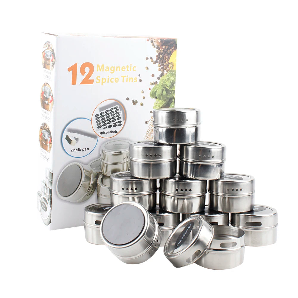 12pcs/set Magnetic Spice Tin Jar with Rack Stainless Steel Spice Sauce Storage Container Clear Lid Jars Kitchen Condiment