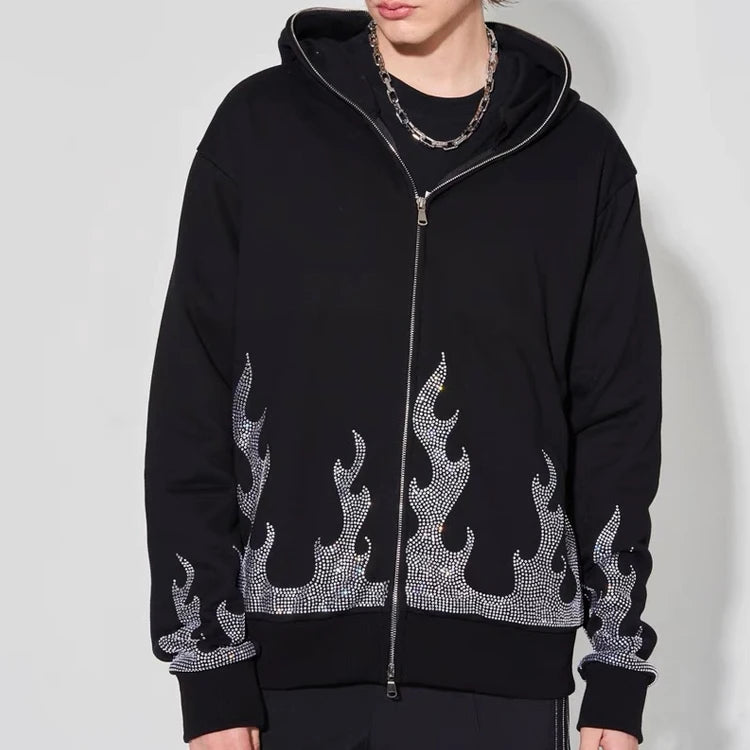 Custom Street Wear Oversized Men Flame Rhinestone Full Face Zip Hoodie Cotton French Terry  Full Face Zip up Hoodie Rhinestone