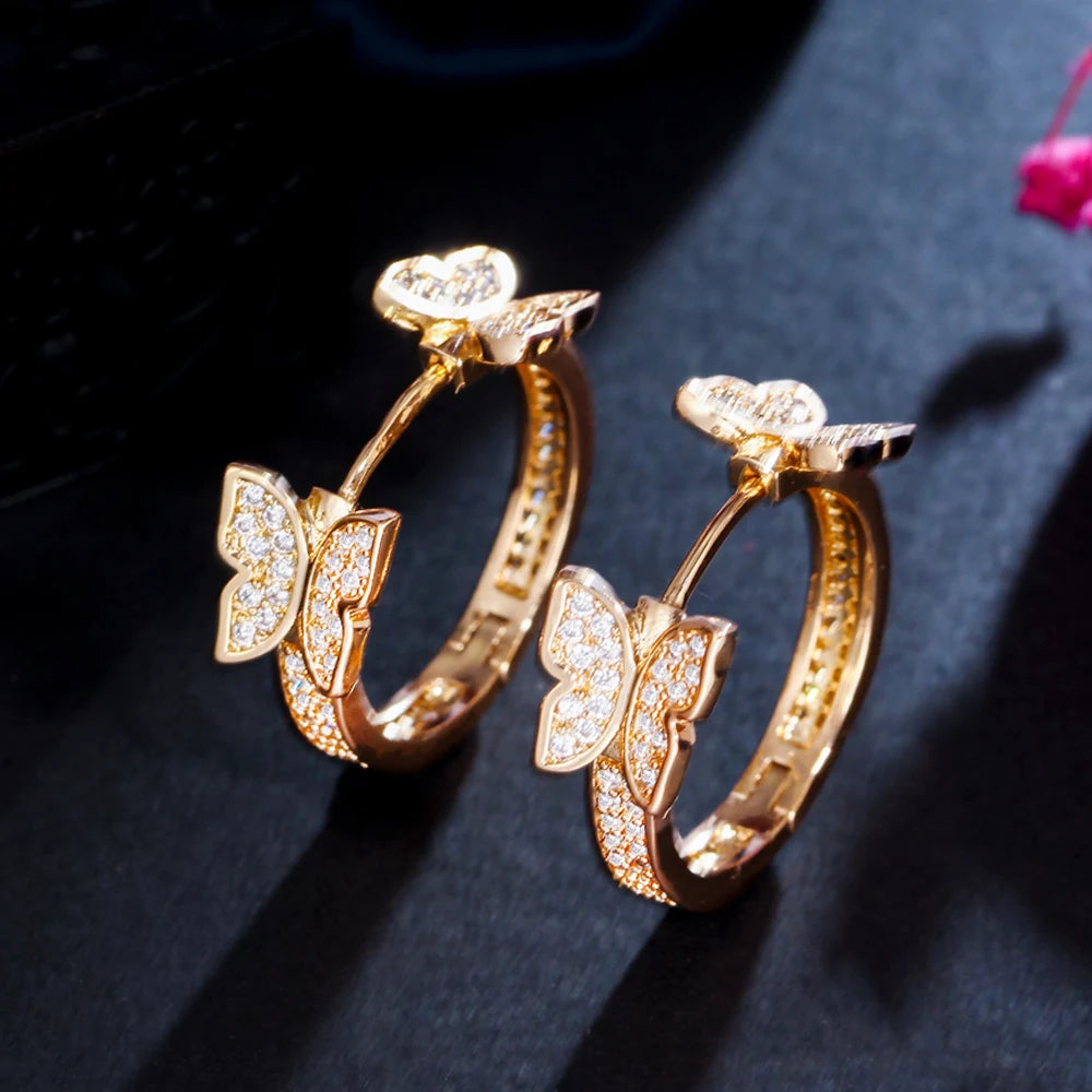 Elegant Shiny Cubic Zirconia Circle Round Gold Filled Cute Romantic Double Butterfly Hoop Earrings for Women