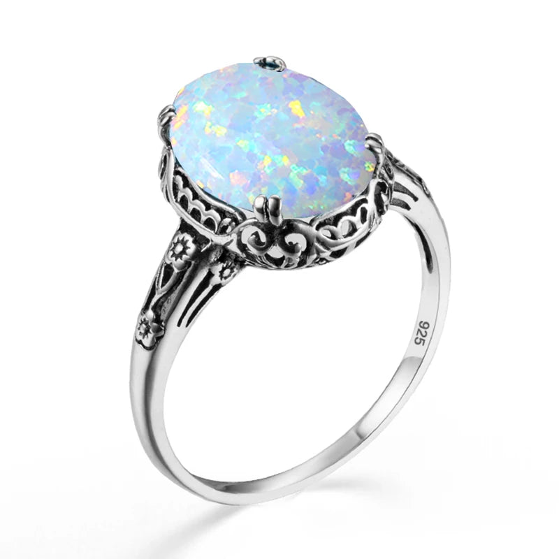 Edwardian Filigree 925 Sterling Silver Rings Jewelry 6ct Opal Silver Custom Vintage Gift Designs Women's Gemstone Rings Flower