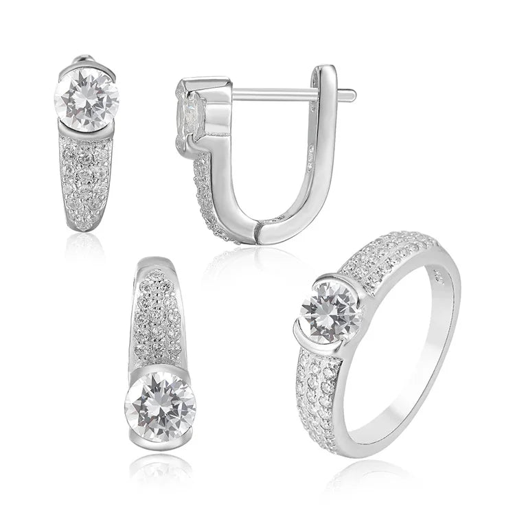Elegant 925 Sterling Silver Wedding Jewelry Set for Women Rhodium Plated with Diamond and Zircon Gold Plated English Lock