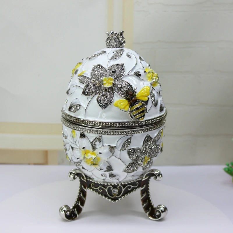 SHINNYGIFTS Vintage Style Faberge Egg Jewelry Trinket Box Hand-Painted Bee and Flowers Decorative Egg Jewelry Box