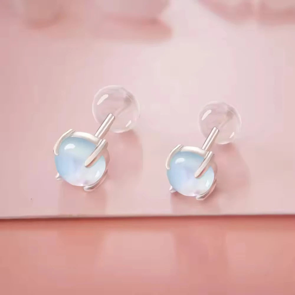 S925 Sterling Silver Classic Jewelry Rhodium Opal Turquoise Moonstone Simple Small Stud Earrings for Anniversaries Parties Gifts