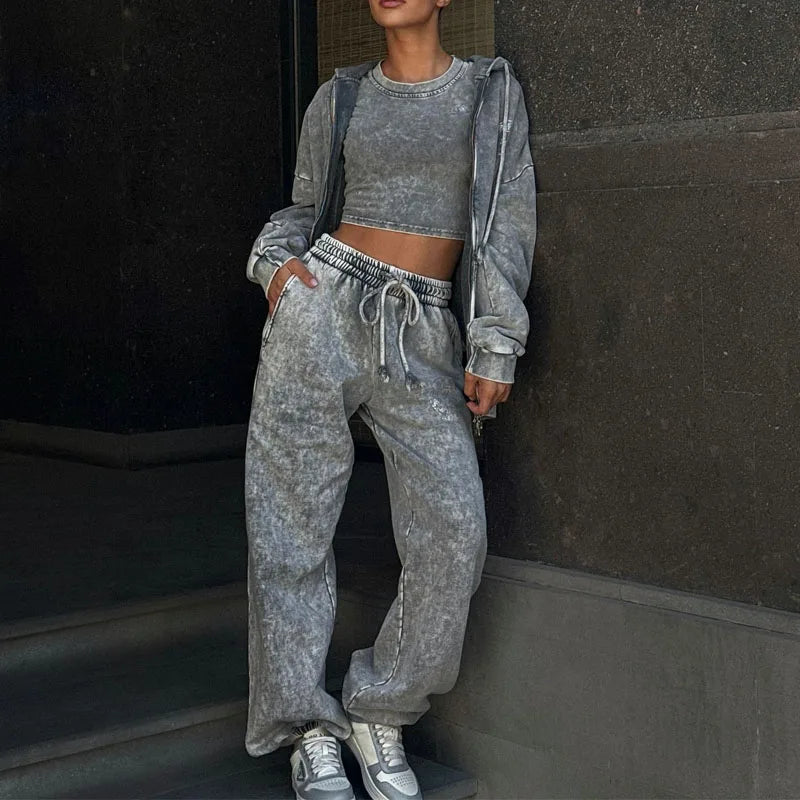 Custom Logo Cotton Tracksuit for Women Oversized Unisex Streetwear Vintage Acid Washed Hoodie and Sweatpants 2 Piece Set