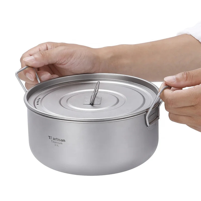 2.1L Titanium Pot Outdoor Camping Picnic Water Cup Camping Tableware Cookware W/ Lid Accessories