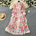 LW0734 Elegant Dress Women'S Stand Collar Lantern Sleeve Binding Print Pleated Chiffon Long Dress Printed Dress