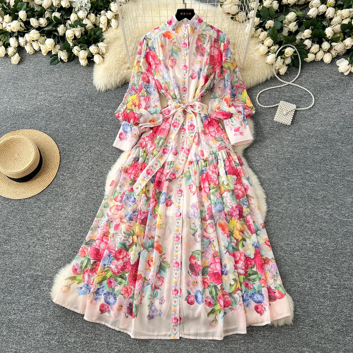LW0734 Elegant Dress Women'S Stand Collar Lantern Sleeve Binding Print Pleated Chiffon Long Dress Printed Dress