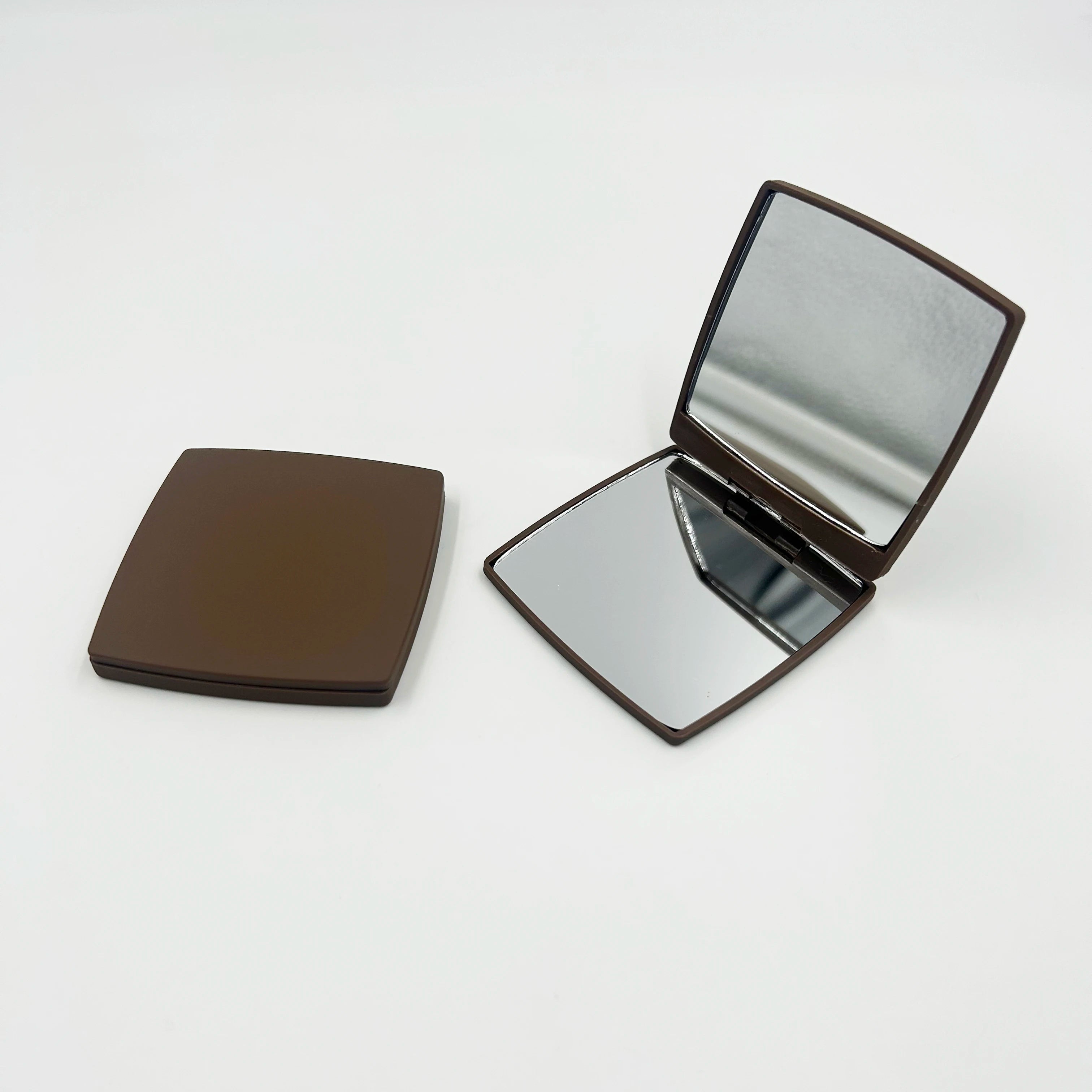 Compact Pocket Cosmetic Mirror 1X Magnifying Glass Foldable Chocolate Square Shape Double Sides Soft Touch Plastic Makeup