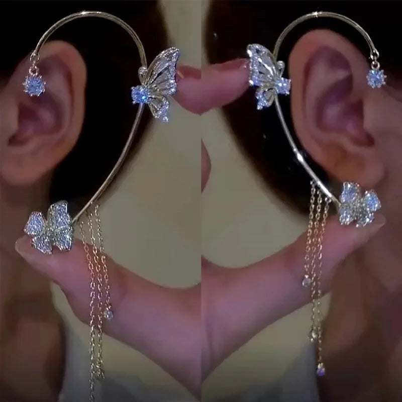 2023 Sequin Crystal Zircon Butterfly Cuff Earrings Long Chain Tassels Earrings Without Ear Holes for Girl