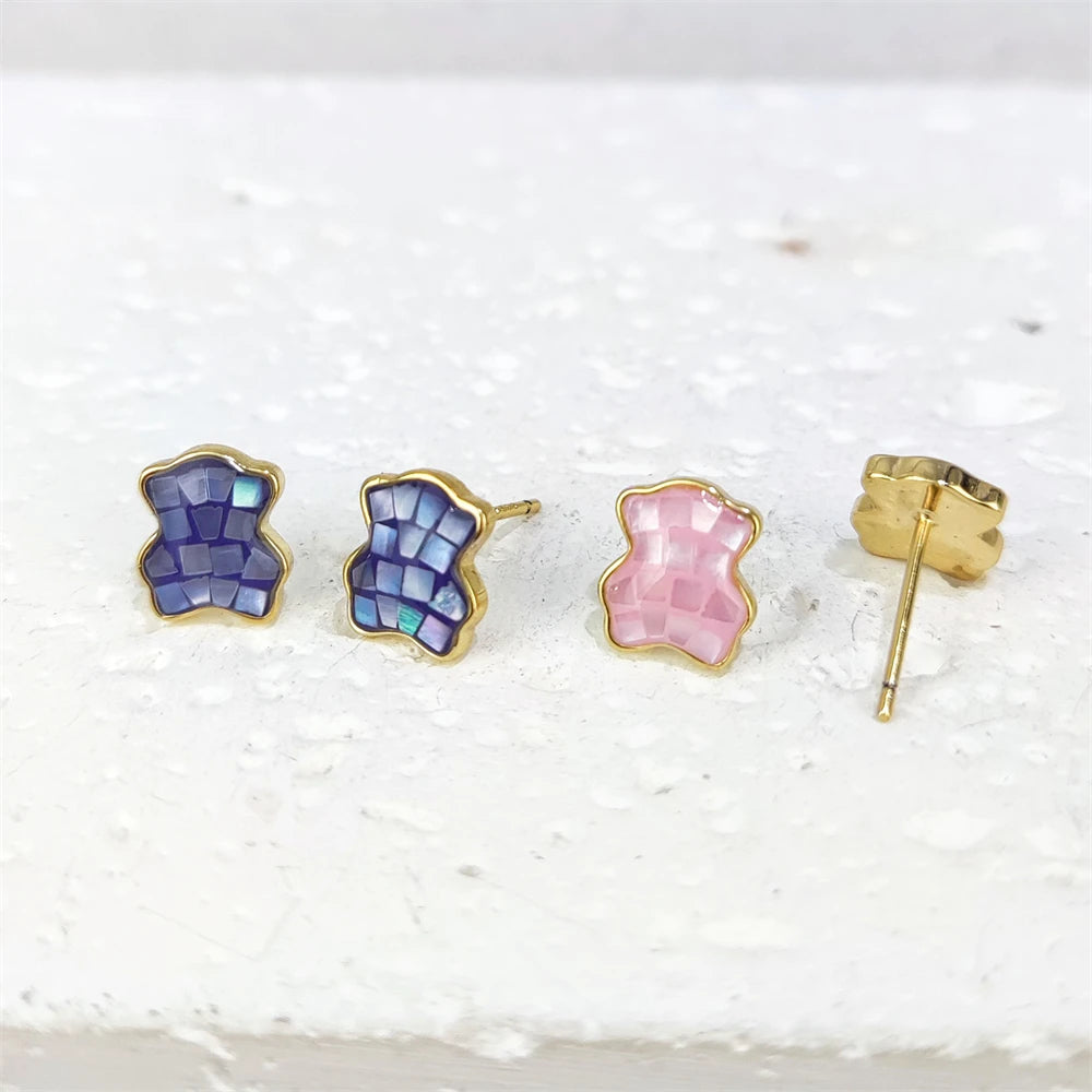 Mother of Pearl Jewelry Genuine Seashell Handmade Oil Drops Colorful Enamel Earrings Gemstone Bear 925 Sterling Silver Ear Studs