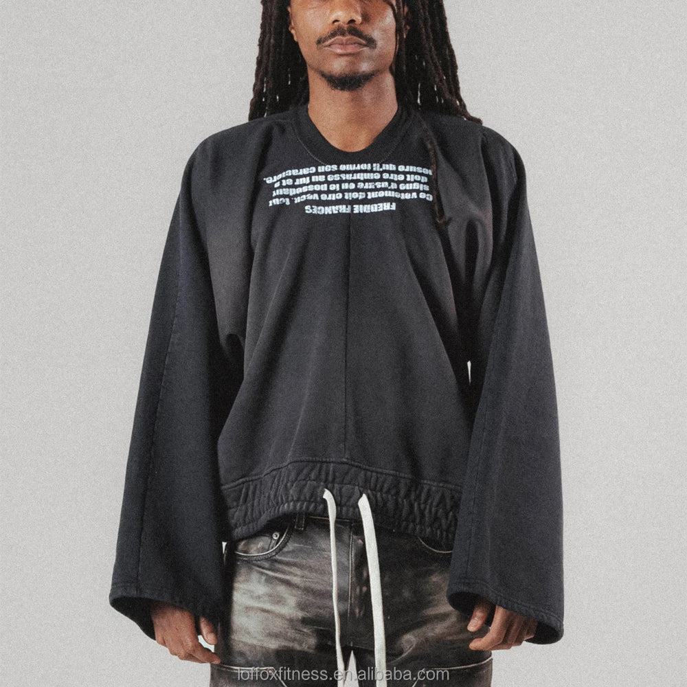New Design Letter Print Vintage Retro College Acid Wash Oversized Crew Neck Drawstring Long Sleeve Lined 100% Cotton Sweatshirt