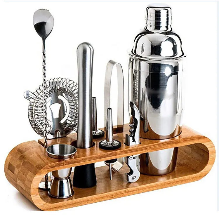 Factory Direct 750ml Stainless Steel Professional Cocktail Shaker Set bar Tool Bamboo Wood Holder Cocktail Shaker Bartender Kit