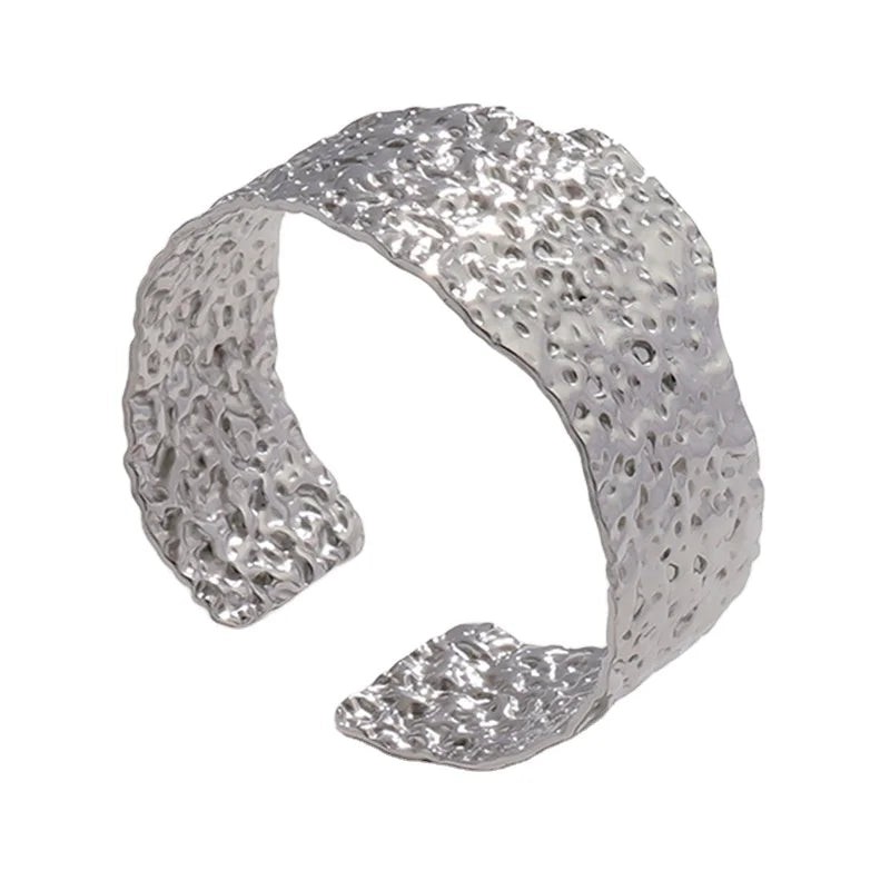 Hip Hop Wide Stampted Adjustable Open Cuff Stainless Steel Silver Irregular Bracelet