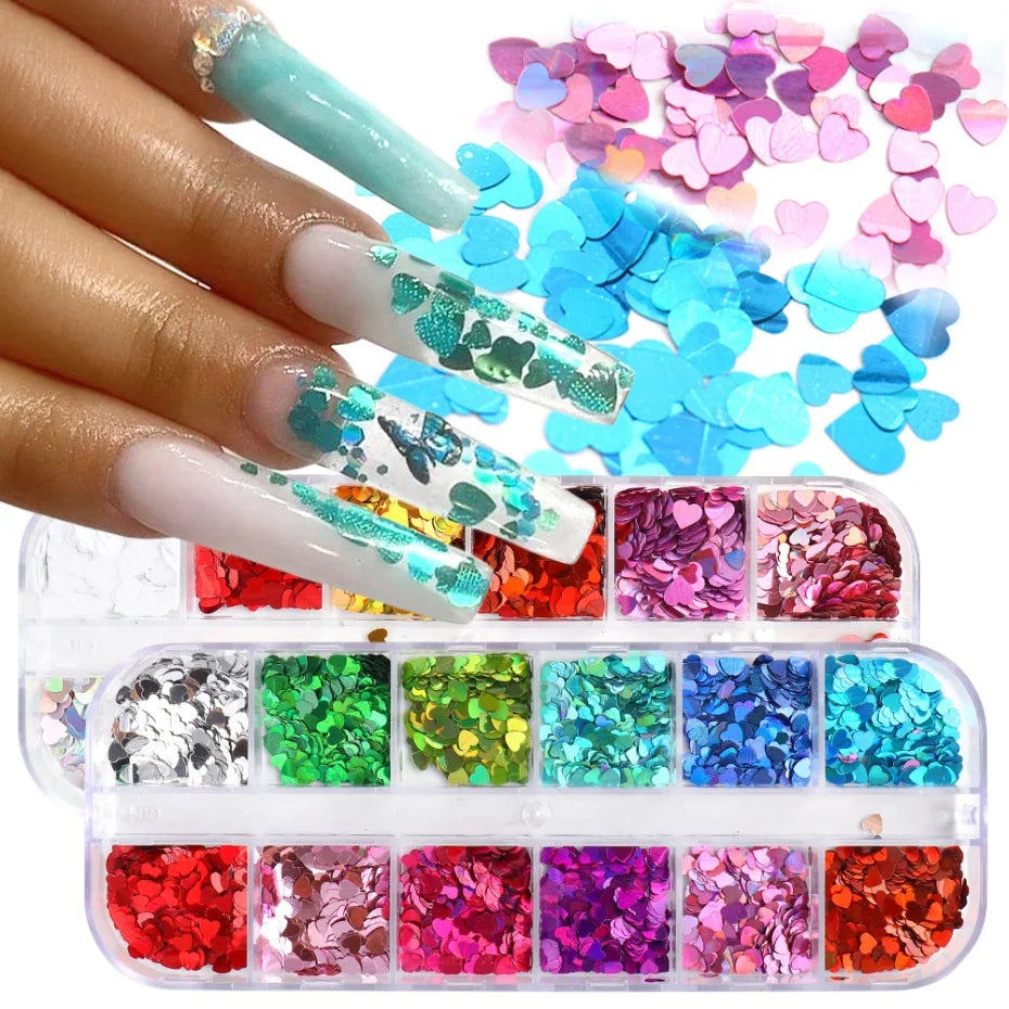 Paso Sico High 3D Plastic Holographic Nail Glitter Heart Sequin 12 Blanks Mixed Colors DIY Butterfly Laser Nail Sequins Nail Art