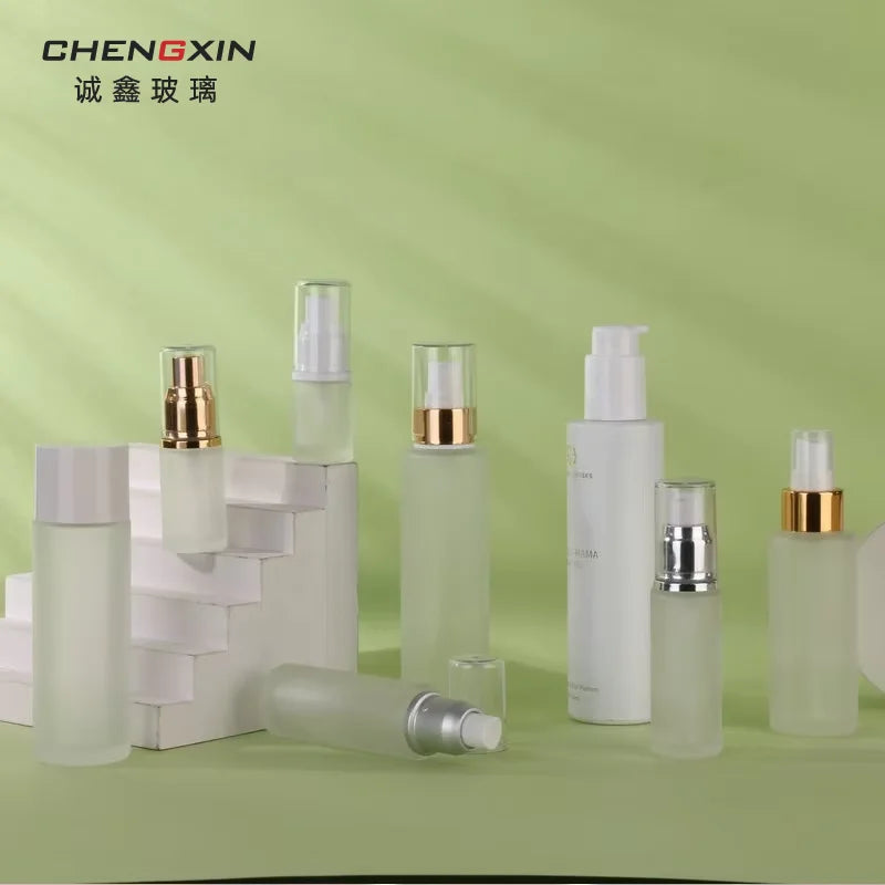 Portable Frosted Glass Screen Printed Skin Care Serum Round Pump Sprayer 30ml/50ml/100ml Capacity