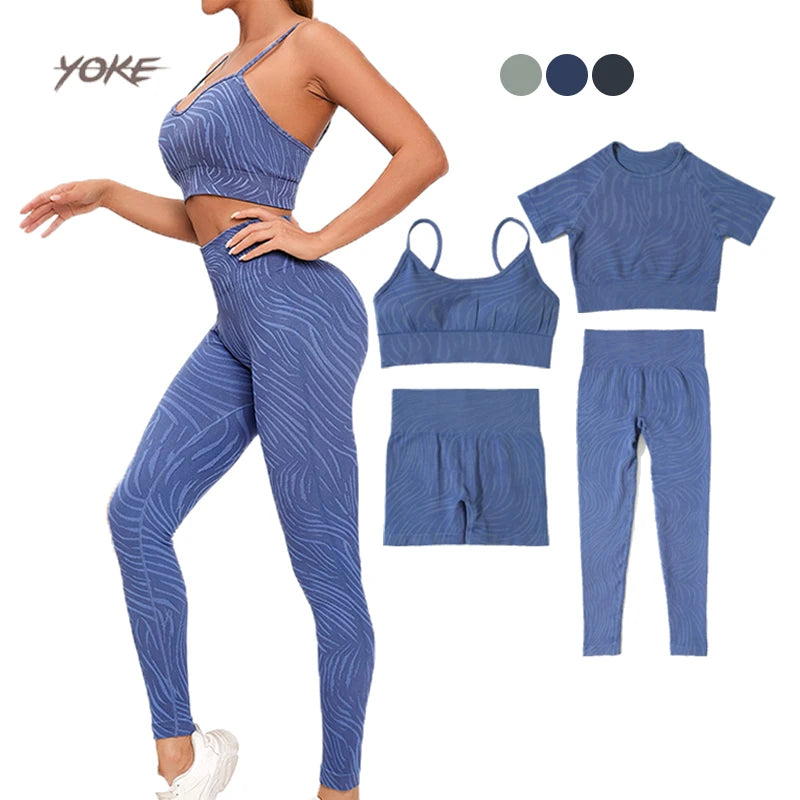 Wholesale 4pcs Women's Sportswear Yoga Gym Fitness Sets Seamless Workout Workwear Breathable and Lightweight Yoga Sets