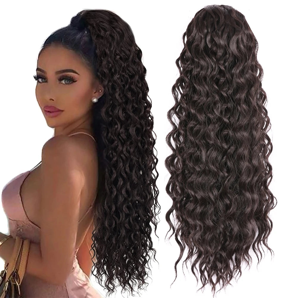 AliLeader 22" Water Wave Drawstring Ponytail Synthetic Hair Long High Temperature Fiber Afro Curly Ponytail Extension